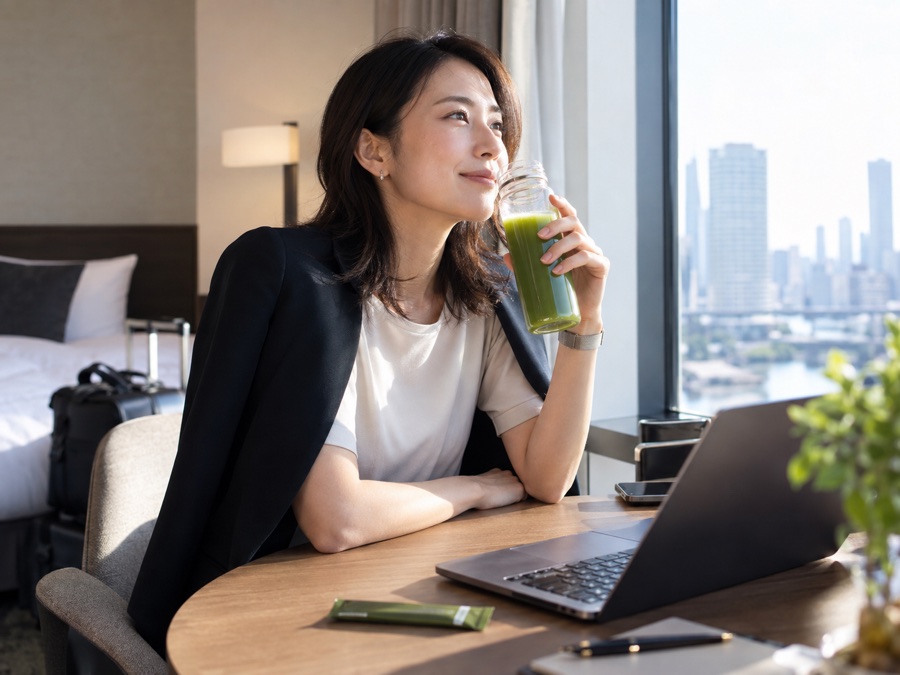 出張先のホテルで緑茶を楽しむ30代の女性