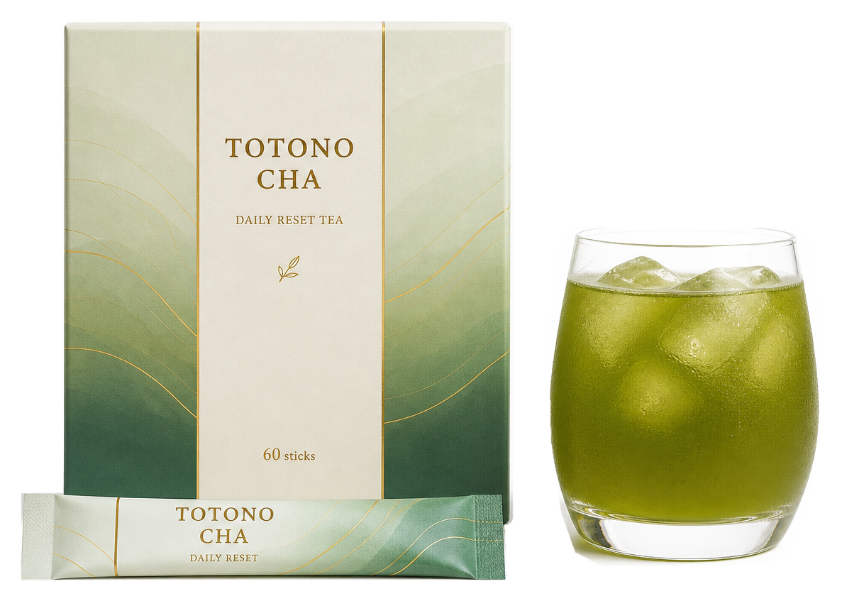 TOTONO CHAの箱、個包装と冷たい緑茶