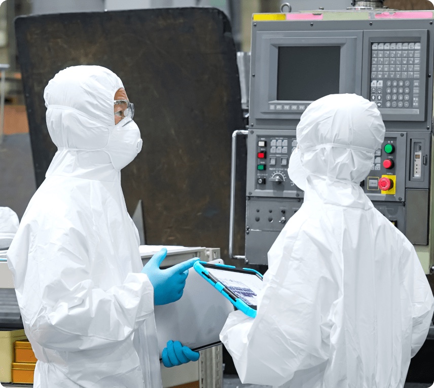 製造設備を確認する衛生服姿のスタッフ