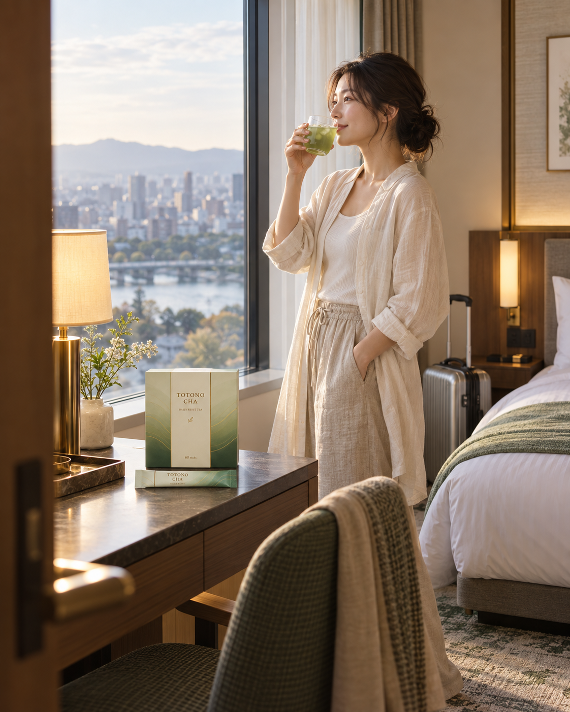 旅行先のホテルで、ととの茶を楽しむ女性