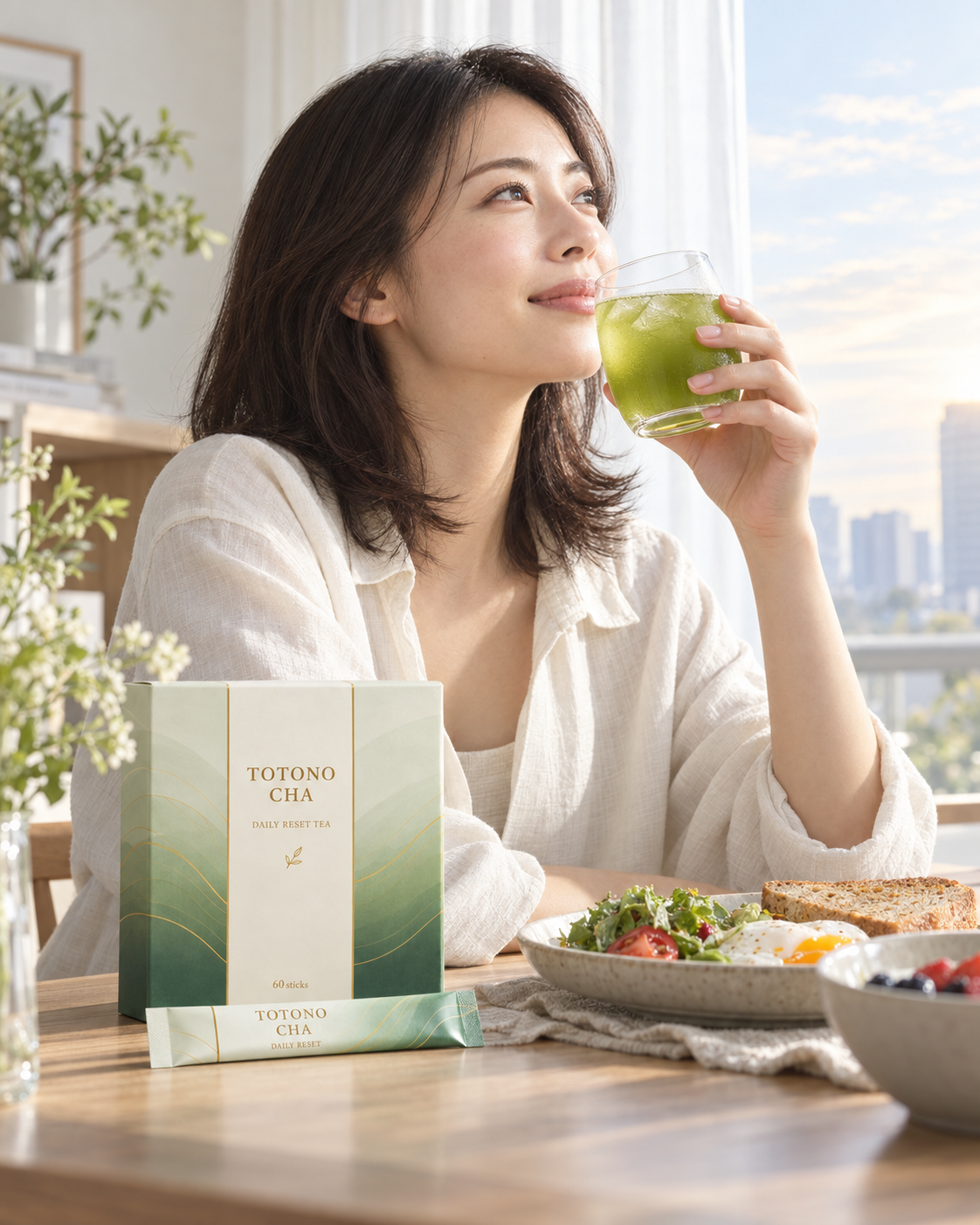 朝の光が入る部屋で、ととの茶を楽しむ女性