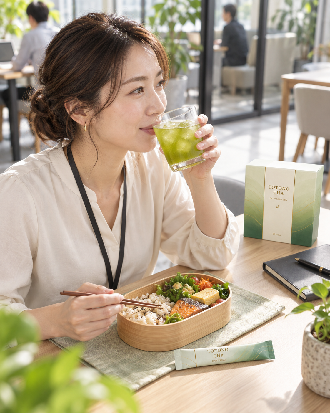 オフィスで昼食と一緒に、ととの茶を楽しむ女性