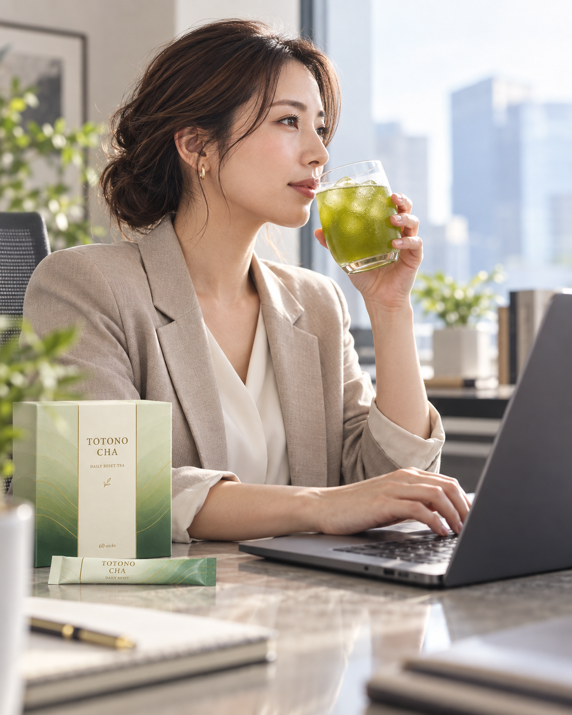 パソコンで仕事をしながら、ととの茶でひと息つく女性