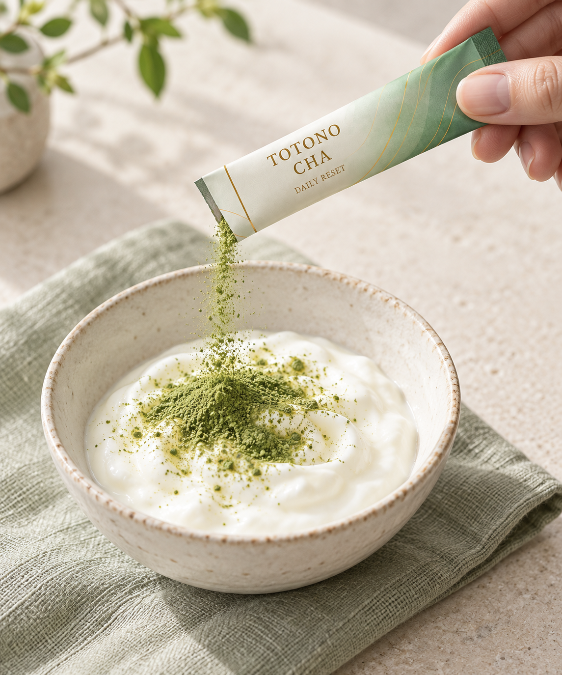ヨーグルトに、ととの茶の粉末をかける様子